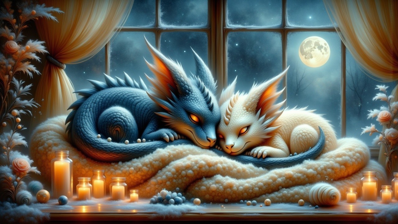 Dragon-like Creatures in a Cozy Moonlit Room
