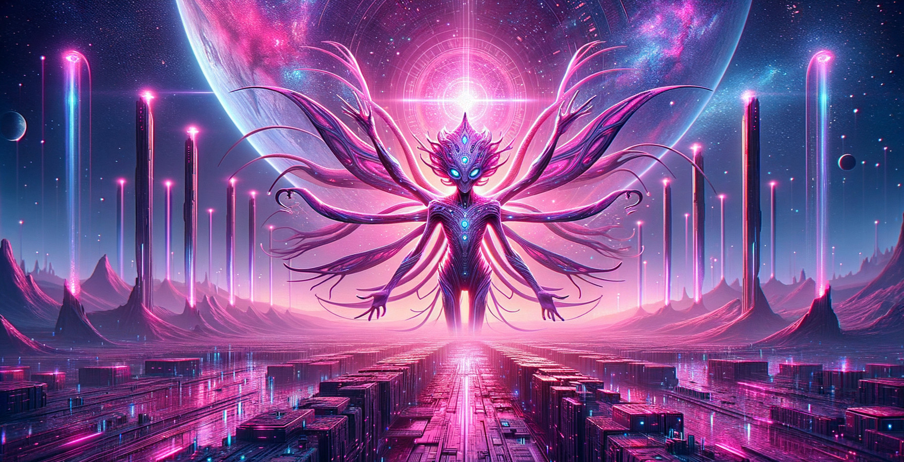 Surreal Cosmic Landscape with Radiant Multi-Armed Figure