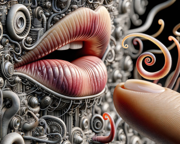 Hyper-realistic lips with intricate machinery backdrop