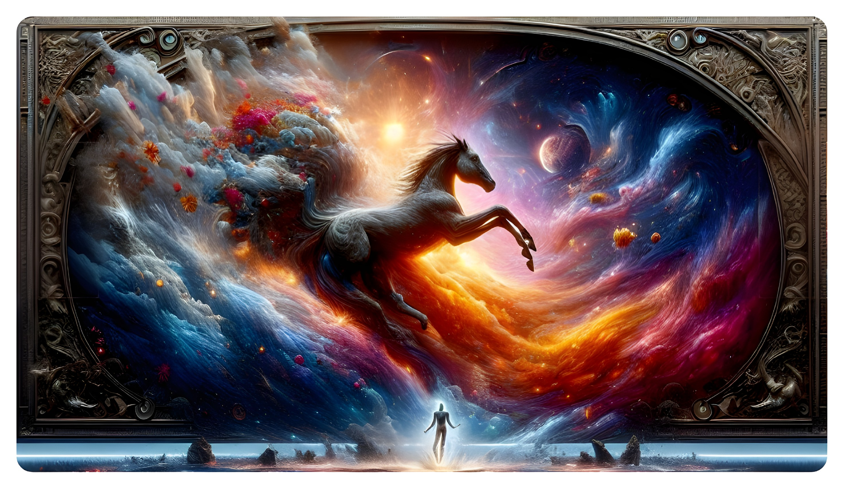 Majestic Black Horse Leaping Through a Vibrant Cosmos