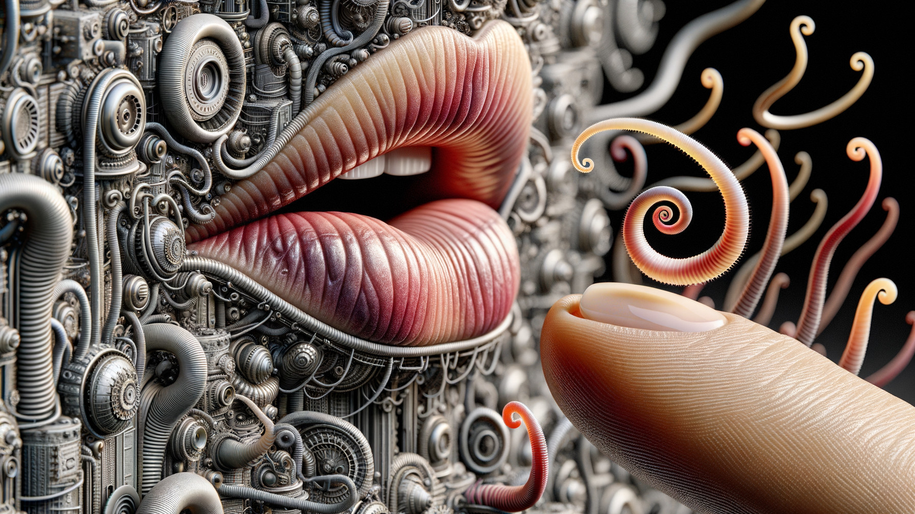 Hyper-realistic lips with intricate machinery backdrop