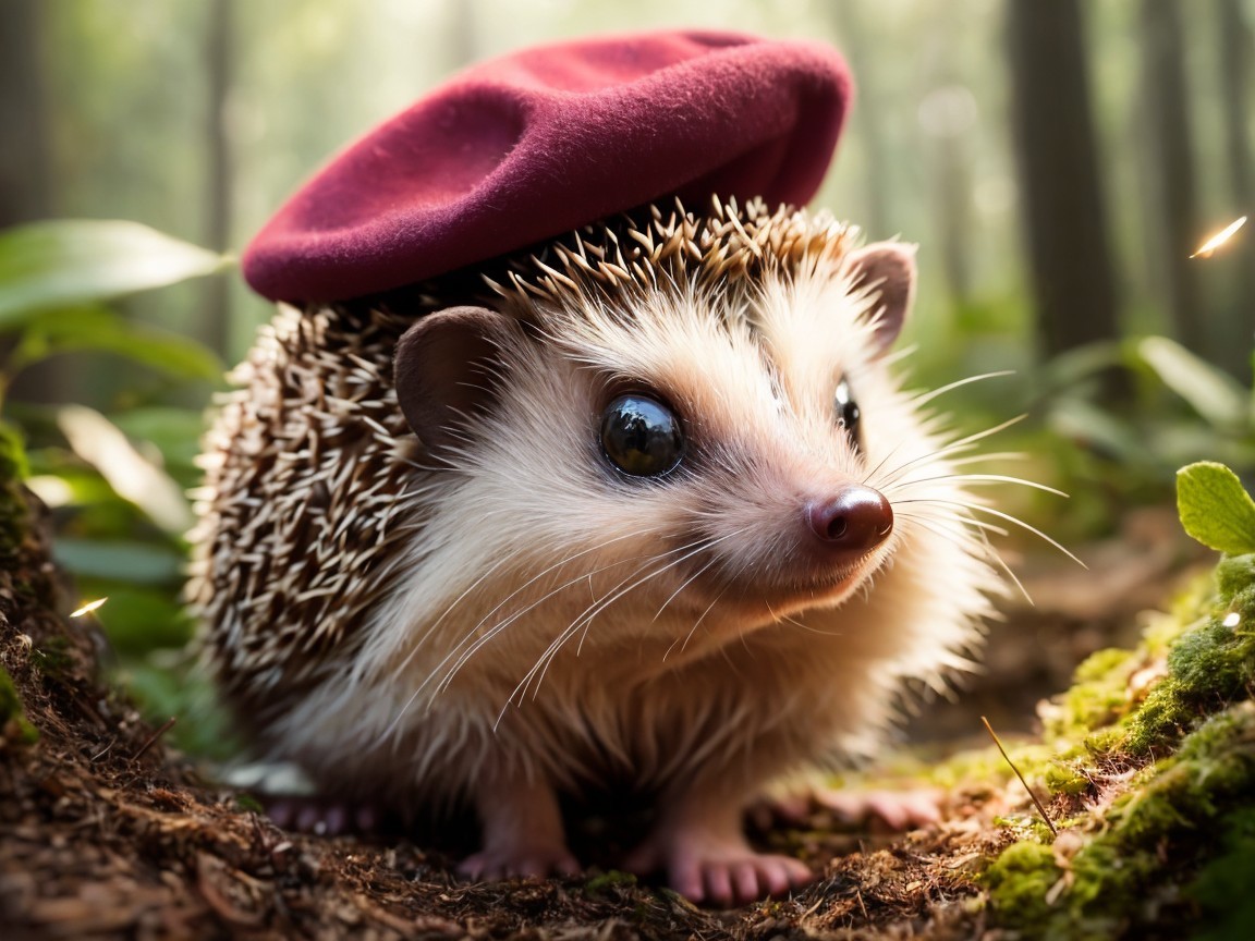 Hedgehog in Beret Among Moss and Leaves in Forest