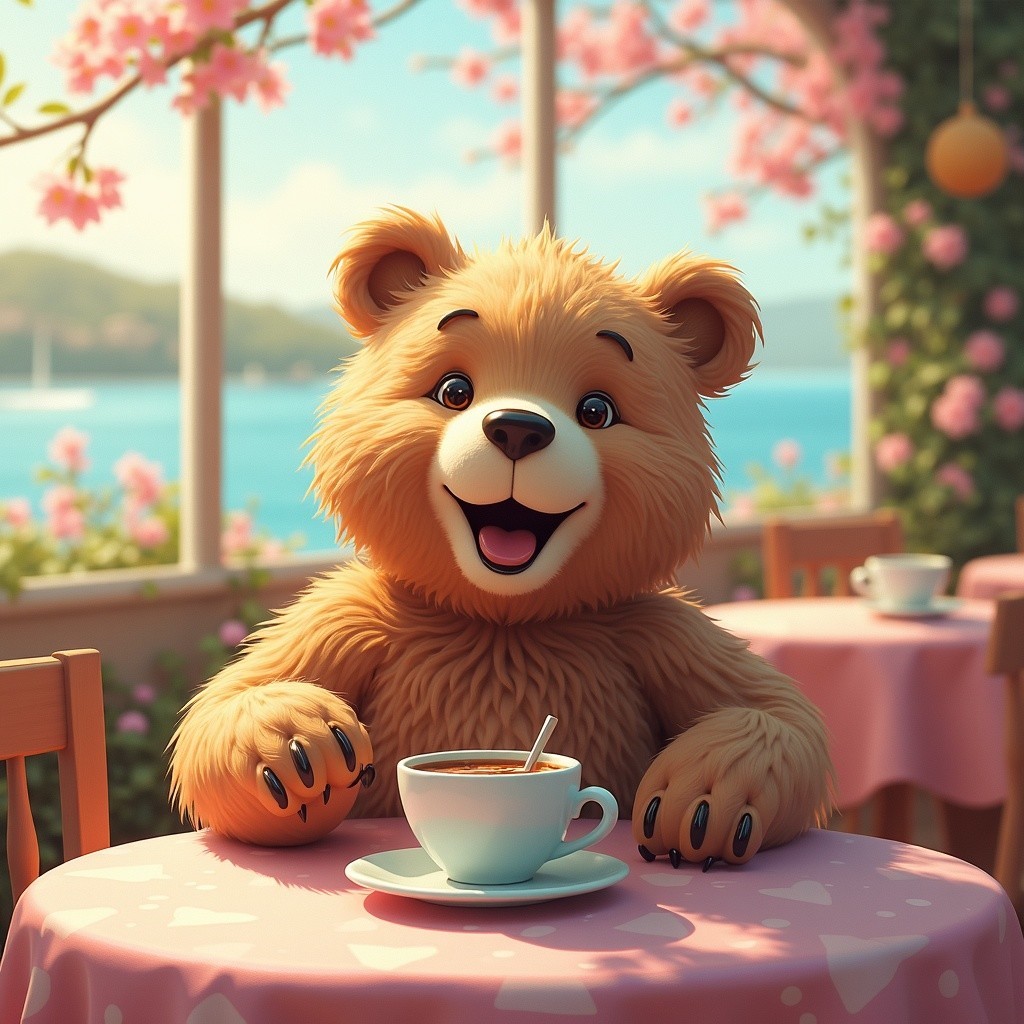 Cheerful cartoon bear at café with scenic lake view