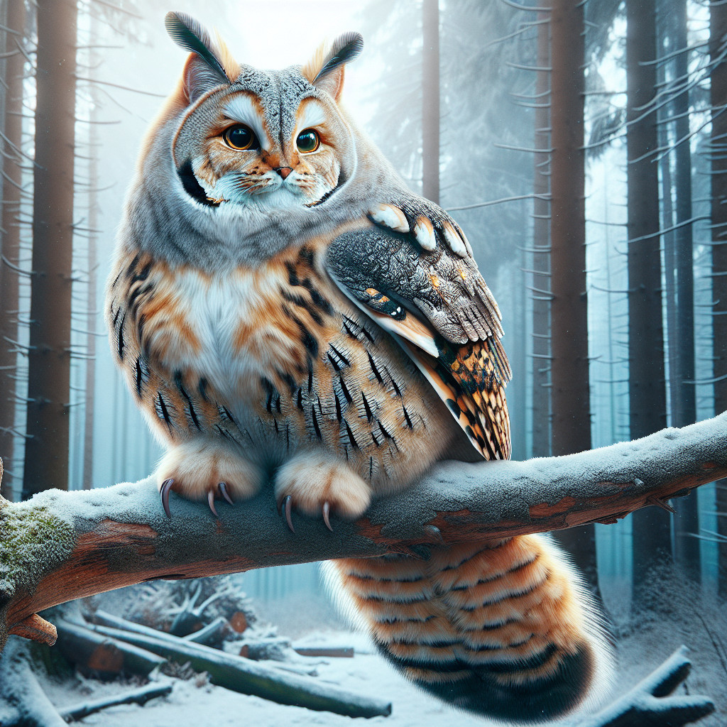 Whimsical Owl-Cat Hybrid in a Snowy Forest Setting