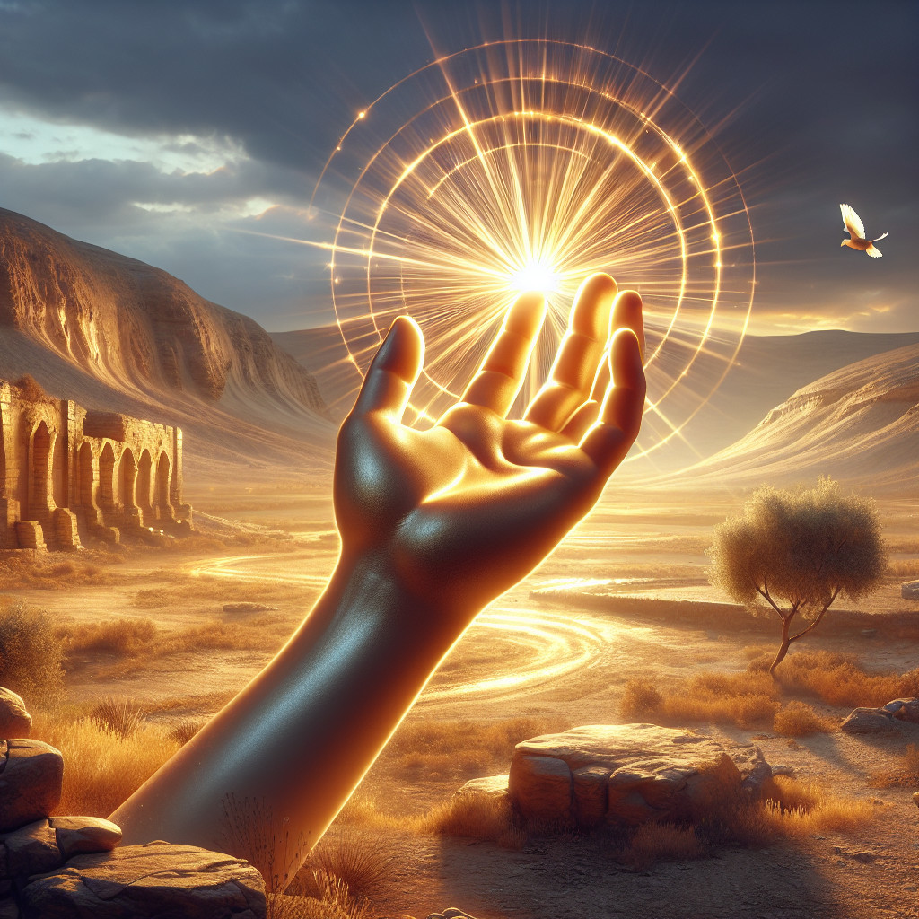 Luminous hand and radiant orb in desert landscape