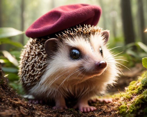 Hedgehog in Beret Among Moss and Leaves in Forest