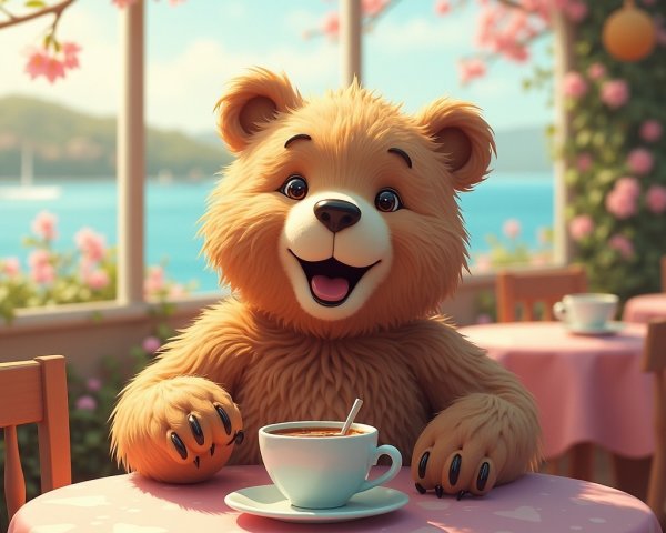 Cheerful cartoon bear at café with scenic lake view