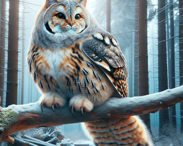 Whimsical Owl-Cat Hybrid in a Snowy Forest Setting