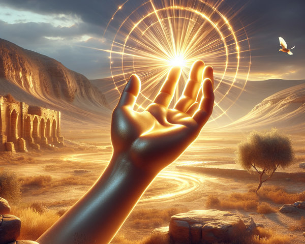 Luminous hand and radiant orb in desert landscape