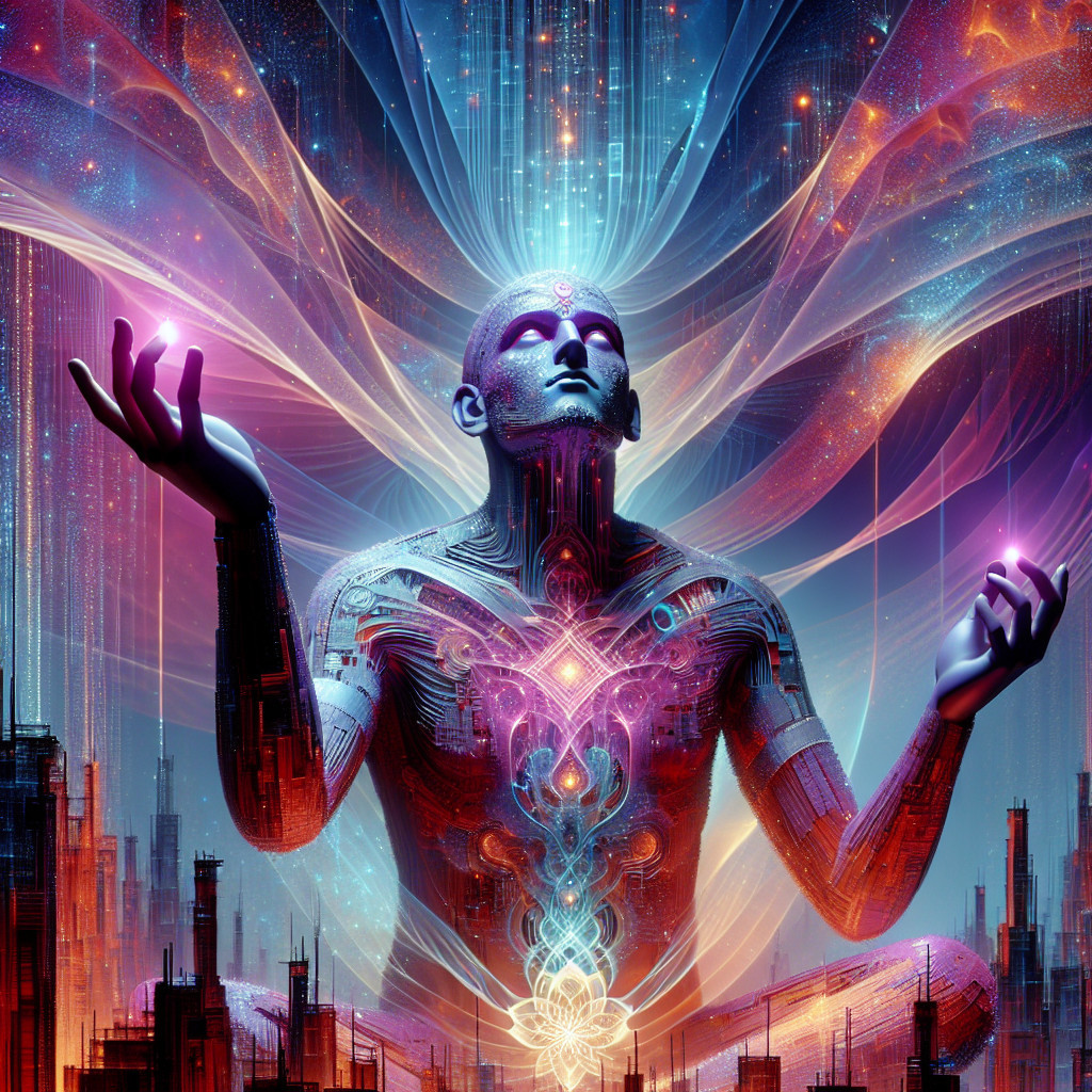 Futuristic Humanoid in Meditative Pose with Energy Patterns