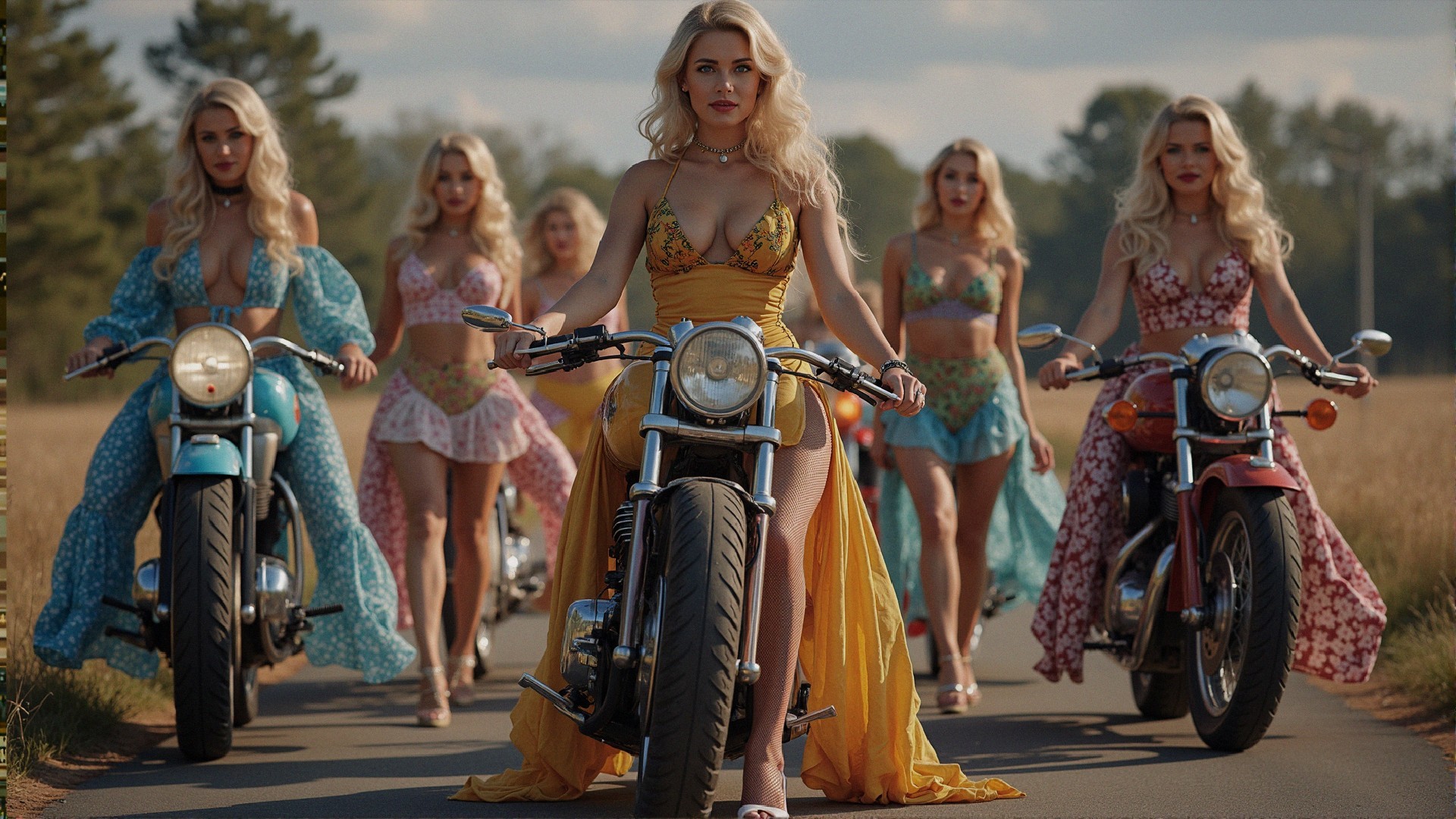 Glamorous Women in Stylish Outfits on Motorcycles