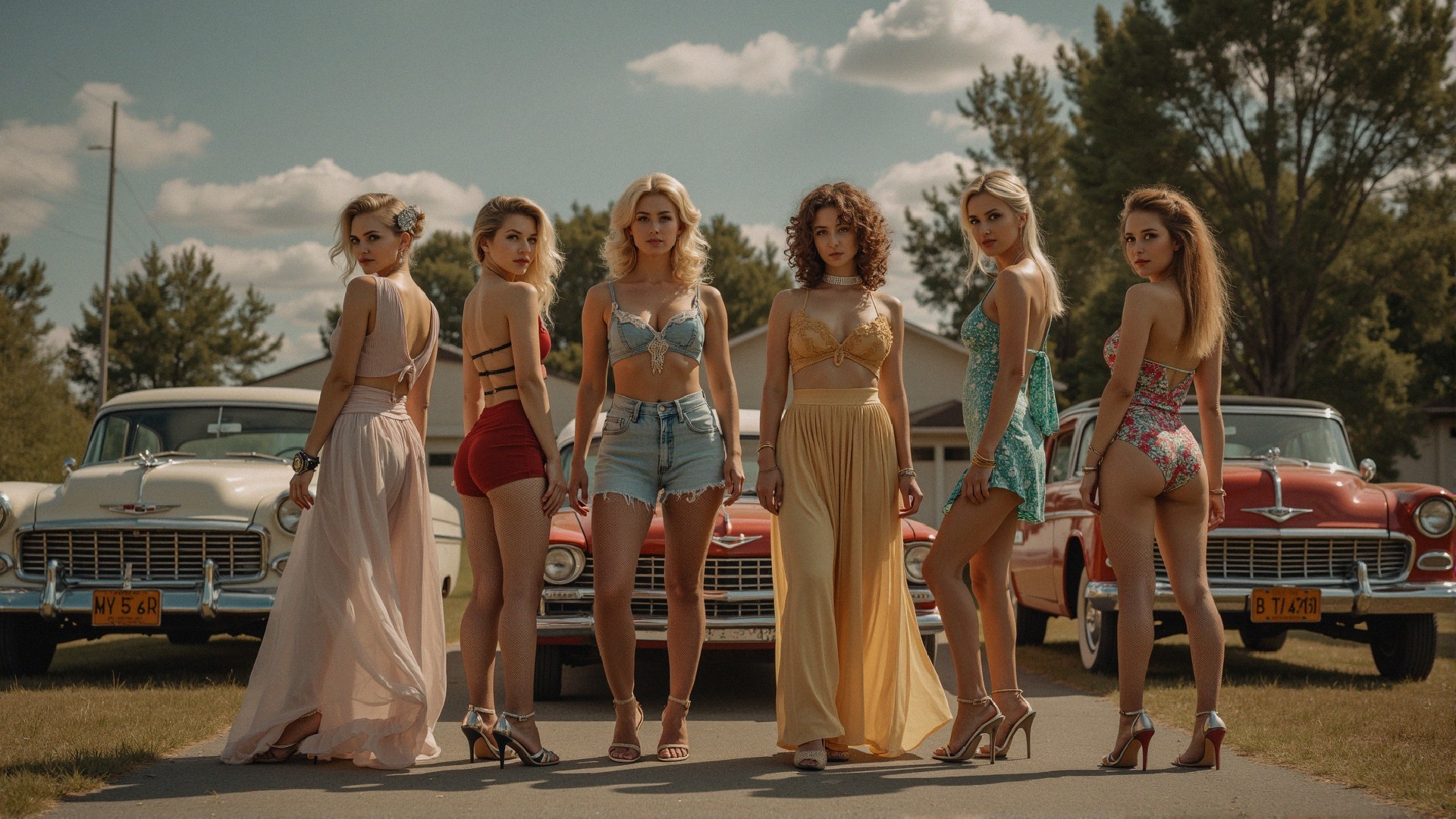 Retro Summer Fashion with Vintage Cars and Swimsuits