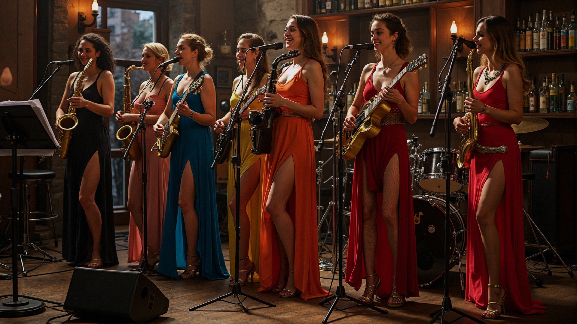 Seven Women Perform in Colorful Dresses on Stage
