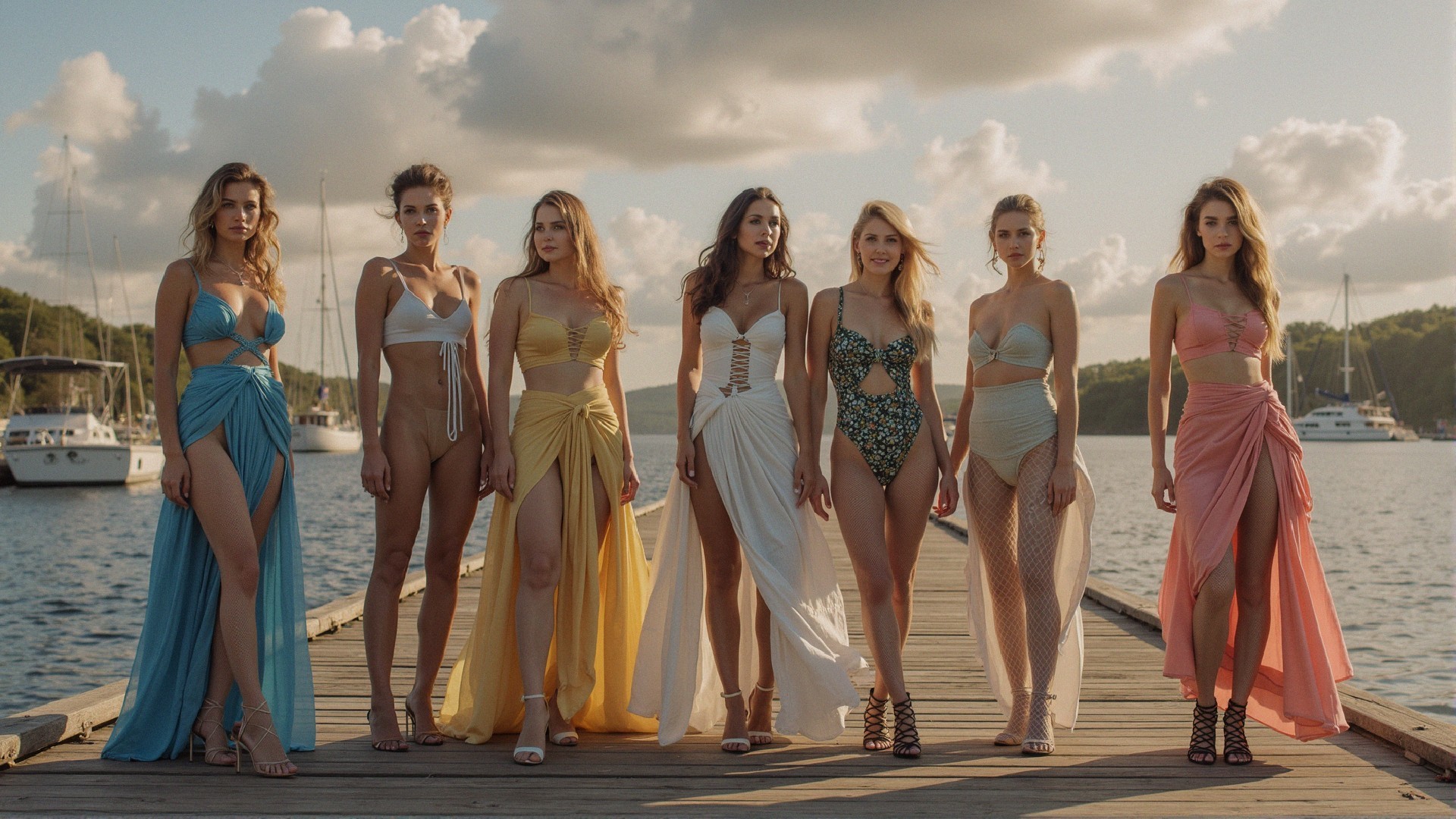 Group of Women in Stylish Swimwear at Sunset Dock