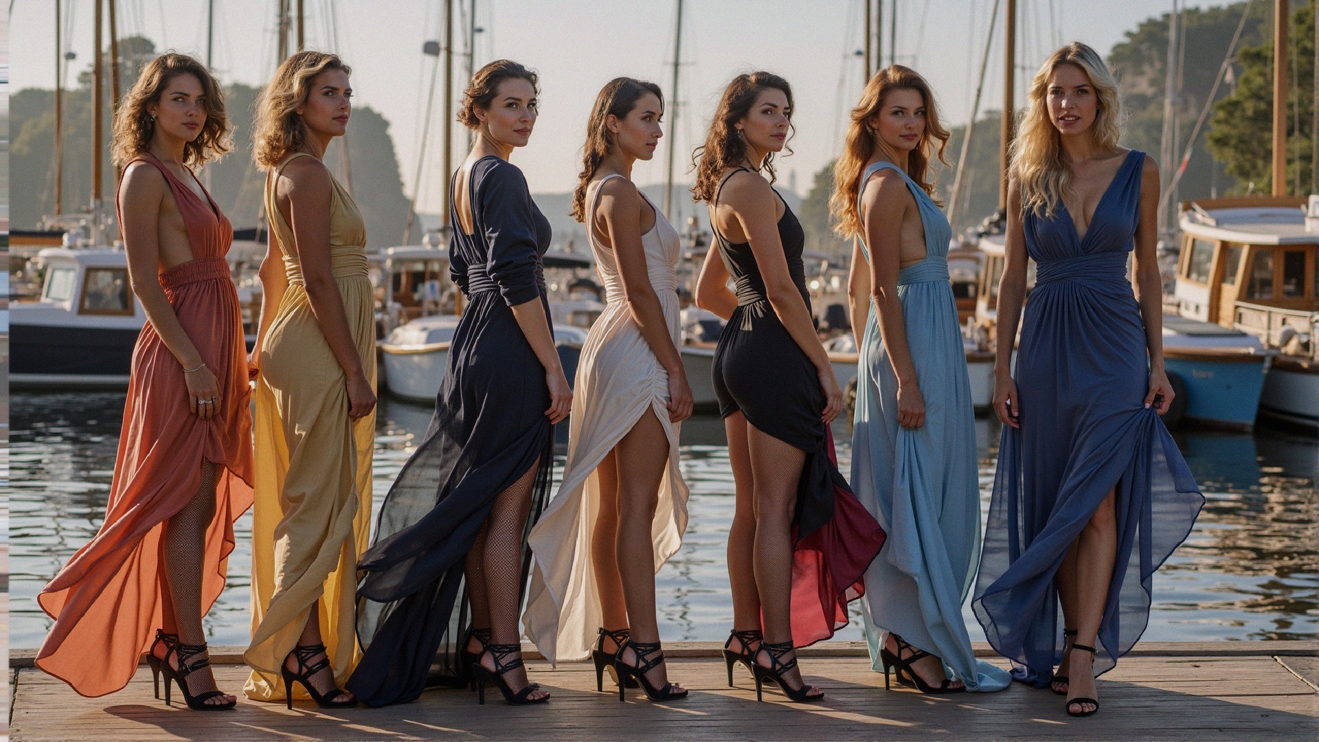 Elegantly Dressed Women by Waterfront in Flowing Dresses