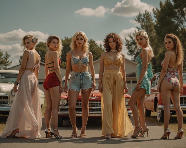 Retro Summer Fashion with Vintage Cars and Swimsuits
