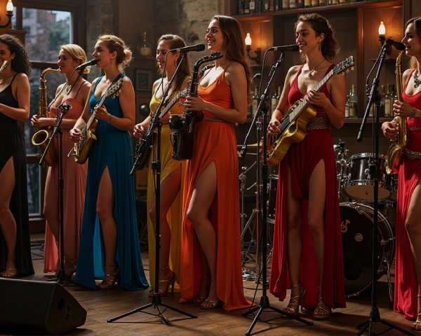Seven Women Perform in Colorful Dresses on Stage