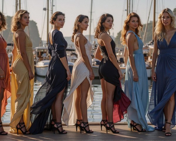 Elegantly Dressed Women by Waterfront in Flowing Dresses