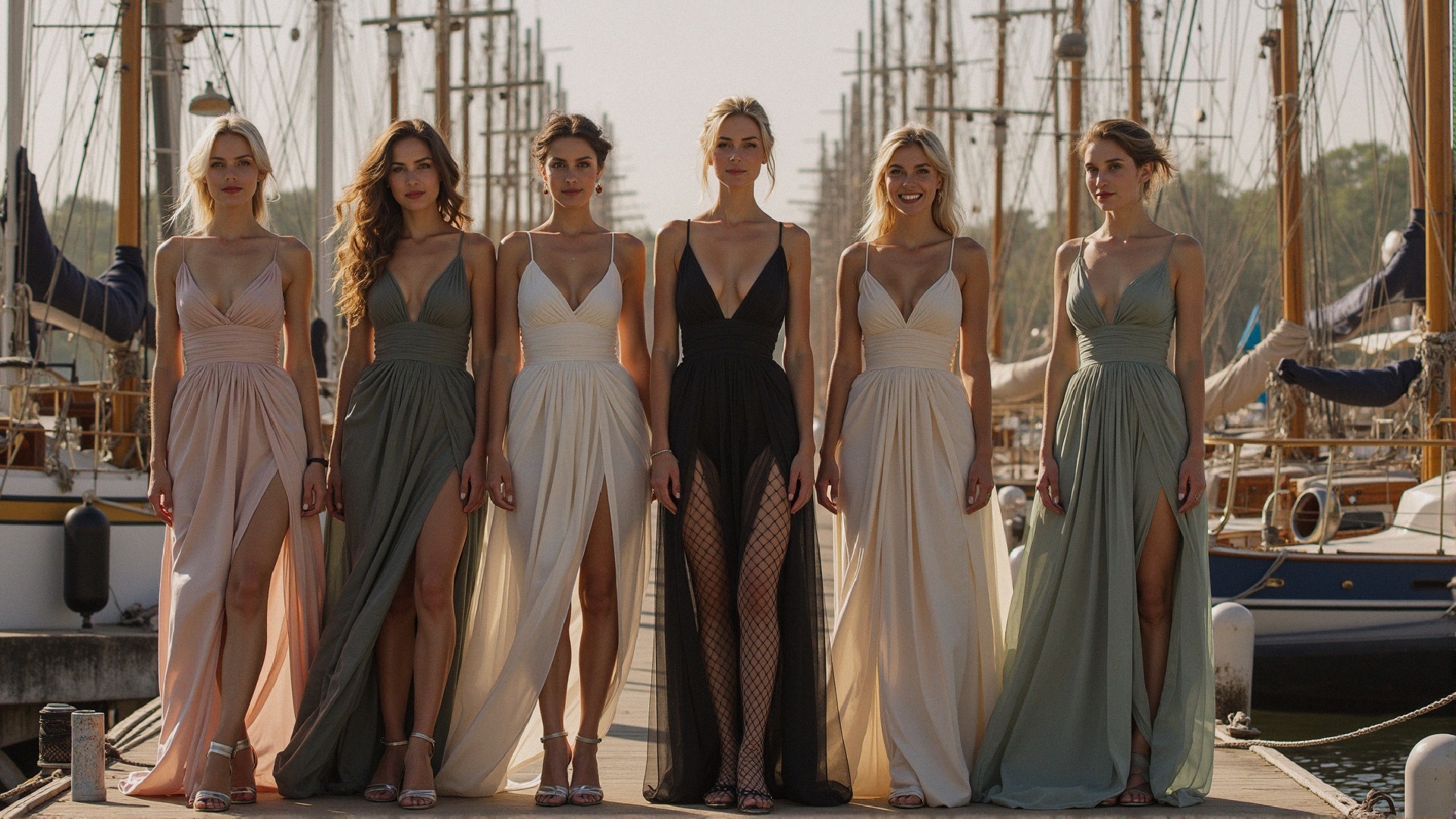 Women in Elegant Gowns on Dock with Sailboats