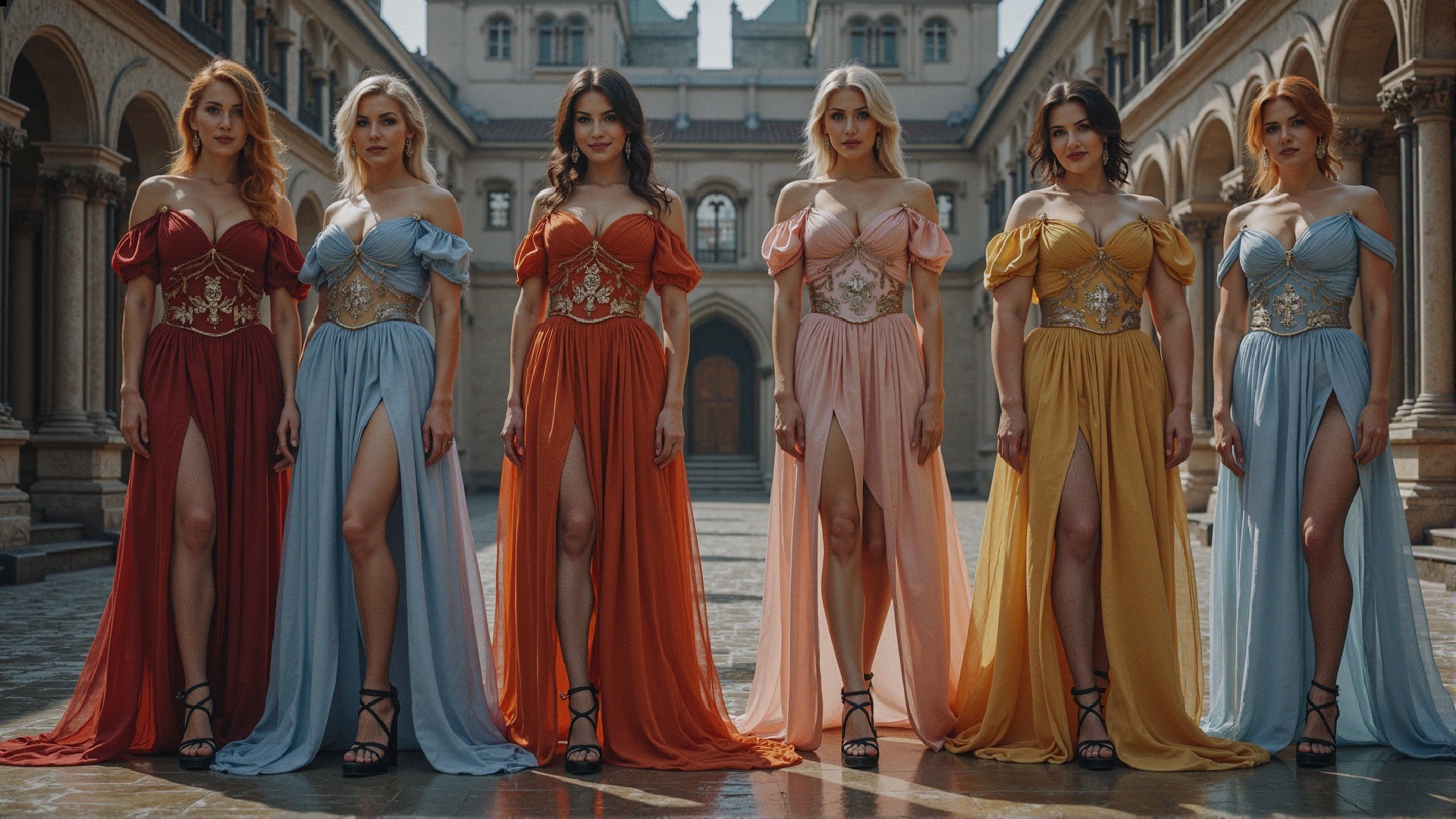 Six Women in Elegant Gowns in Ornate Courtyard
