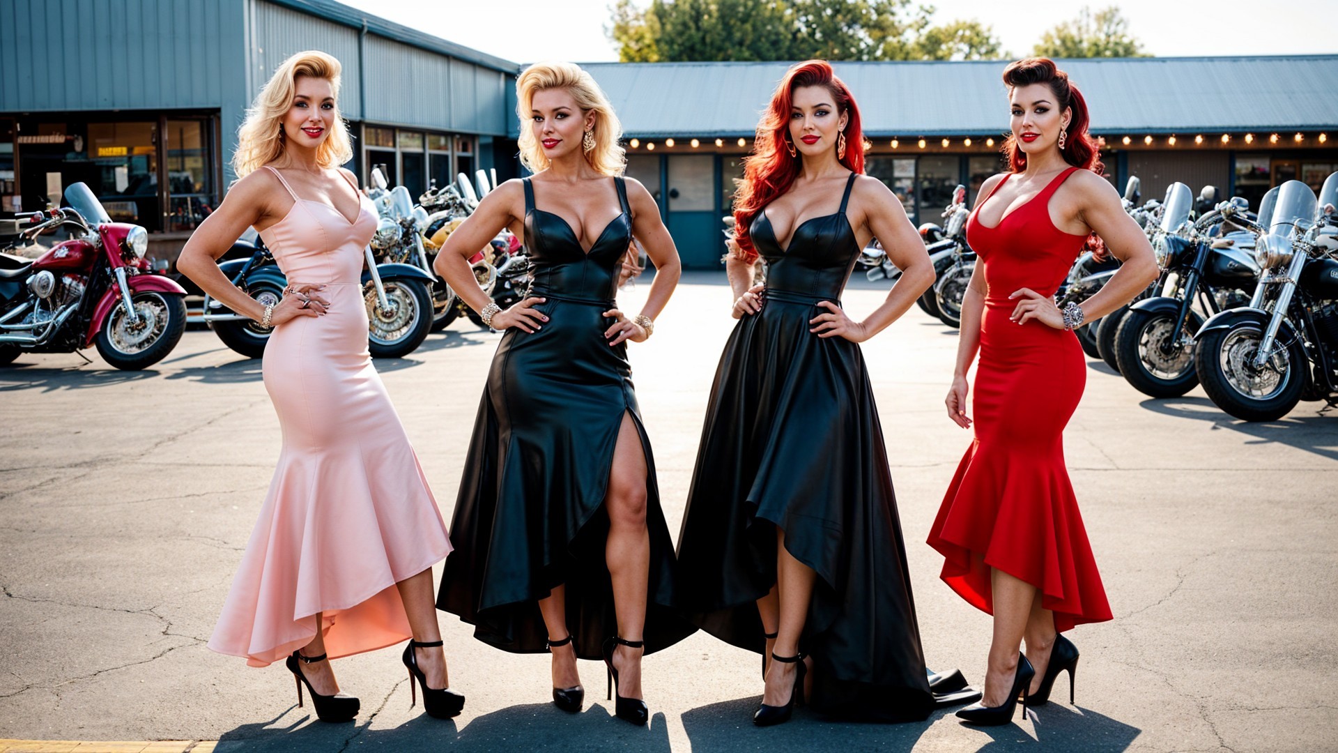 Stylish Women in Elegant Dresses with Motorcycles