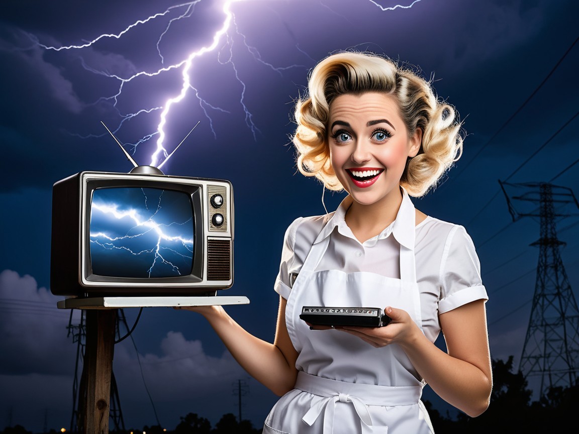 Vintage Woman with Curly Hair and Old Television Set