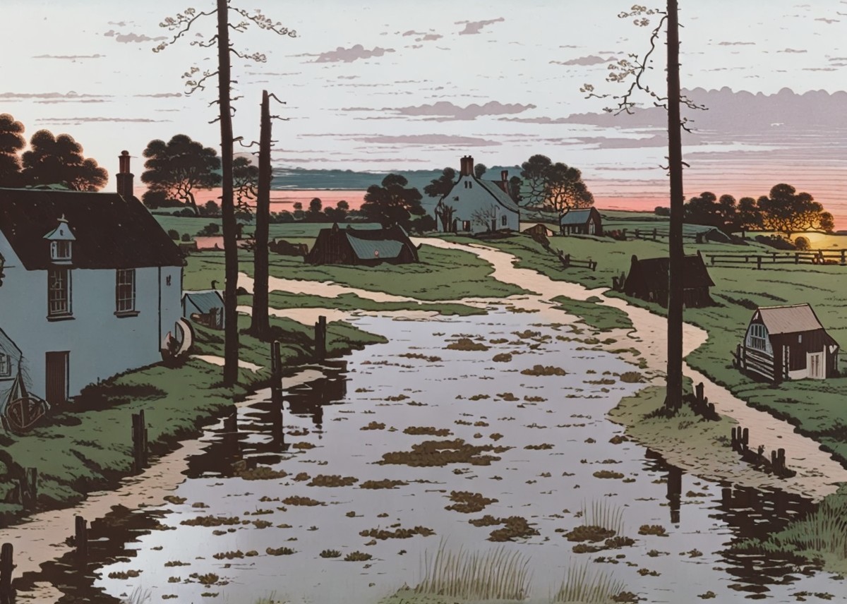 Serene Countryside Scene at Dusk with River and Houses