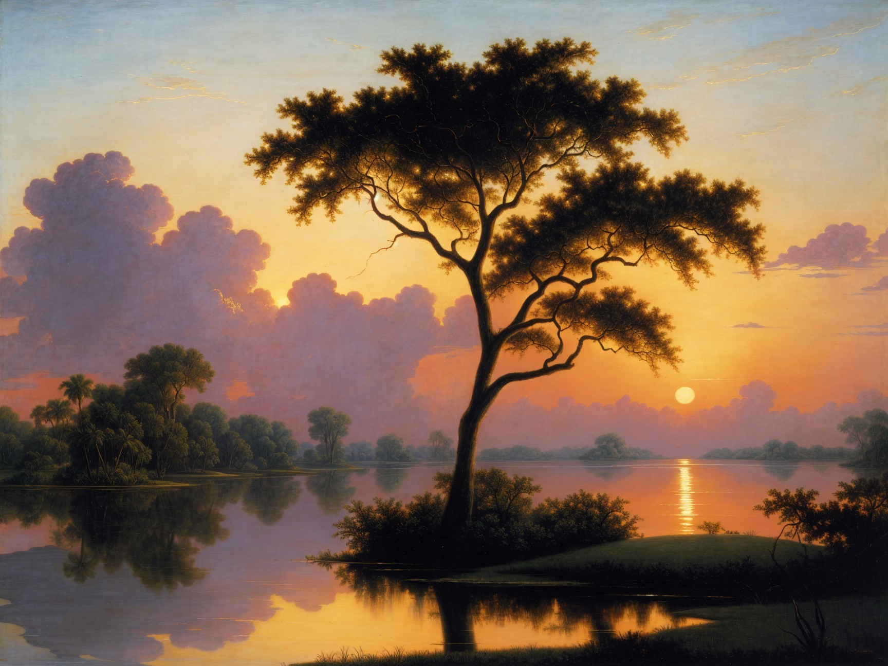 Tranquil Sunset Landscape with Silhouetted Tree