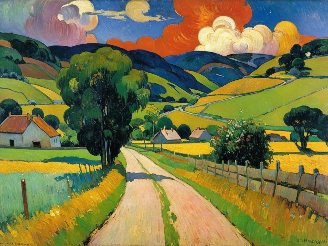 Vibrant Countryside Scene with Rolling Hills and Cottages