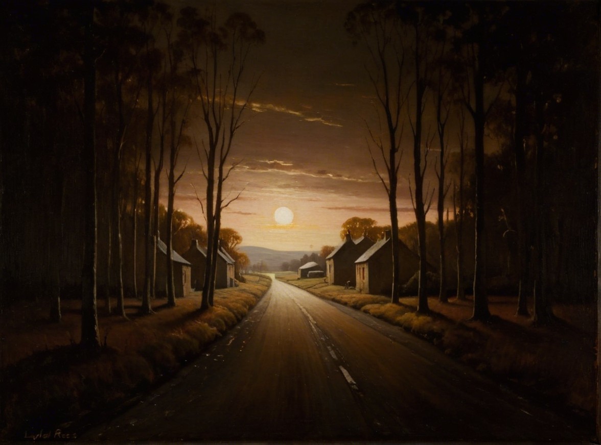 Tranquil Dusk Landscape with Rustic Houses and Trees