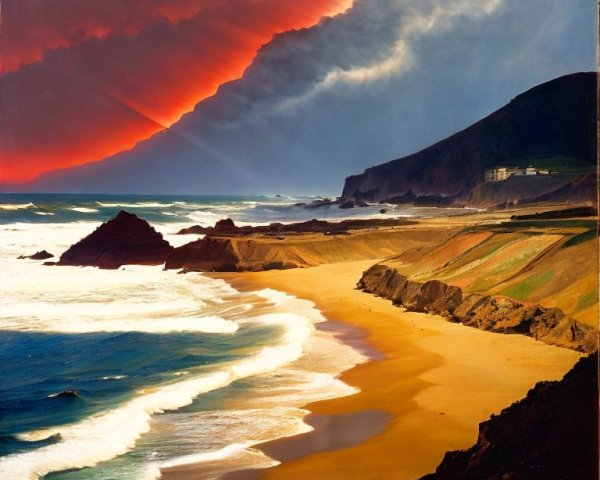 Coastal Landscape with Sunset Over Sandy Beach and Cliffs