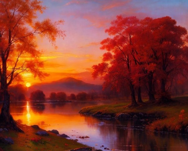 Autumn Landscape with River and Colorful Sunset