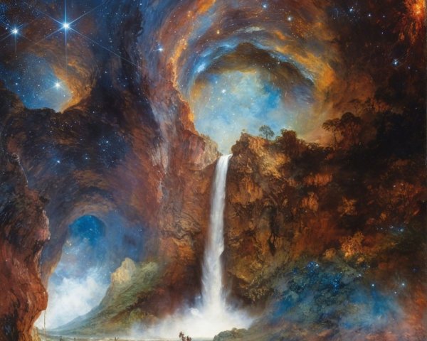 Cosmic Landscape with Waterfall and Starlit Skies