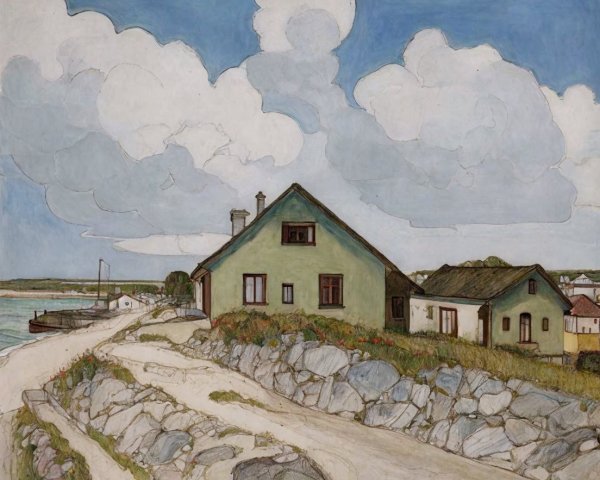 Coastal Scene with Green Houses and Sandy Path
