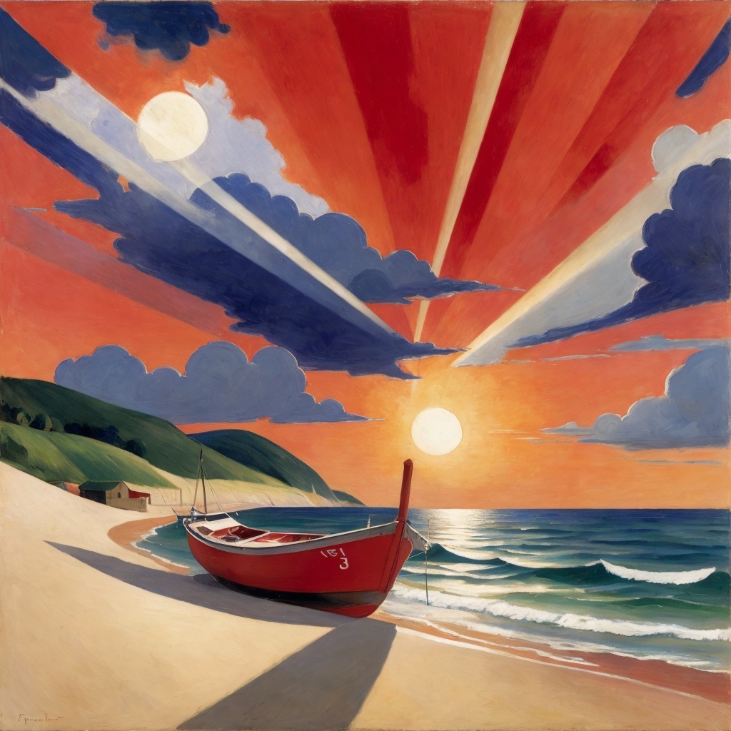 Vibrant Seascape with Sunset and Fishing Boat
