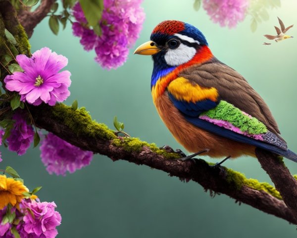 Colorful Bird on Mossy Branch with Blooming Flowers