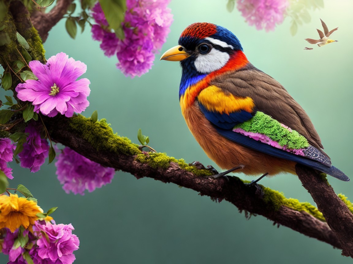 Colorful Bird on Mossy Branch with Blooming Flowers