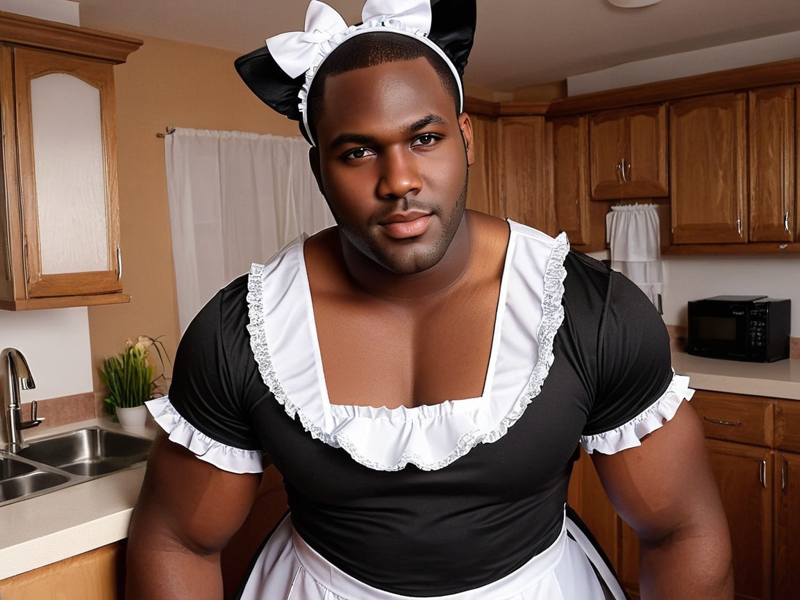 Muscular Individual in Classic Maid Costume in Kitchen