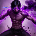 Muscular Young Man in Black Attire with Purple Smoke