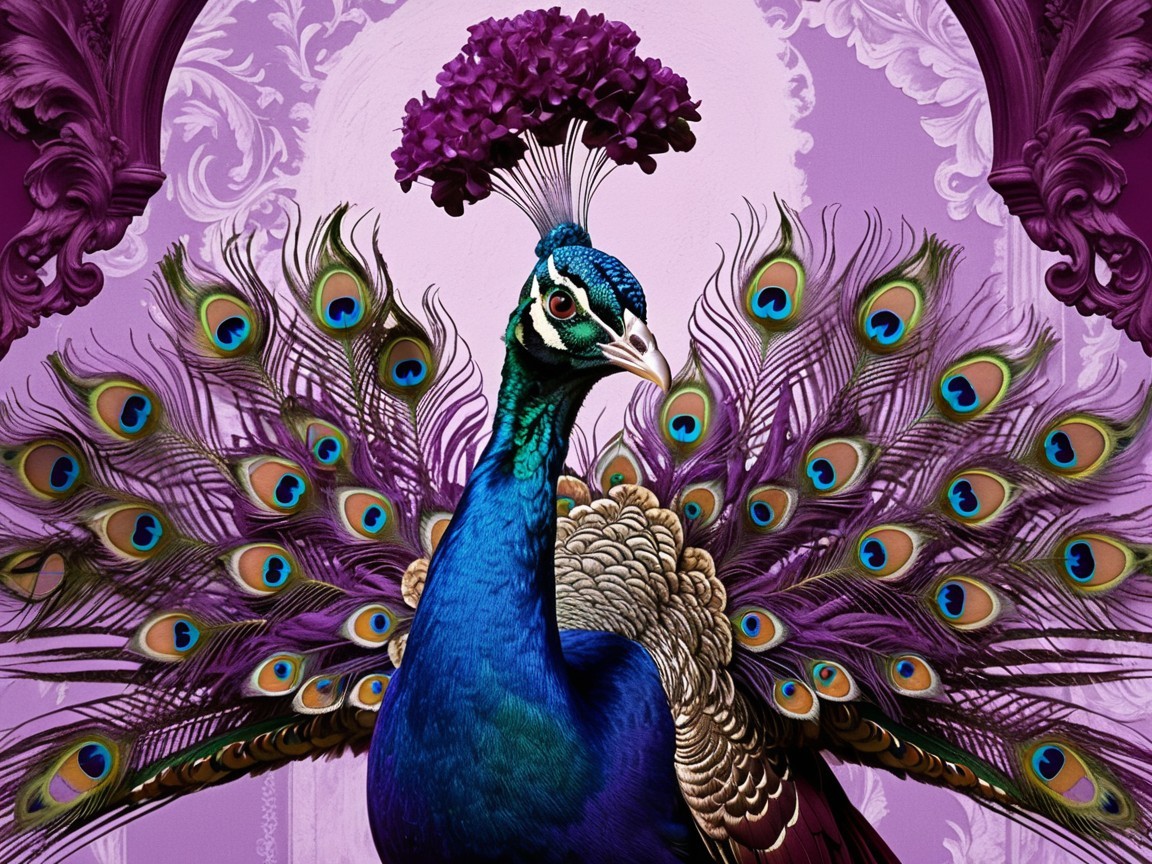 Vibrant Peacock with Colorful Feathers and Floral Crown