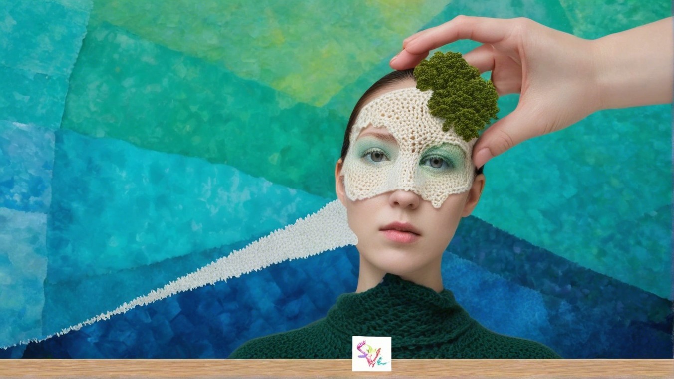 Portrait of a model with a crocheted mask and nature themes