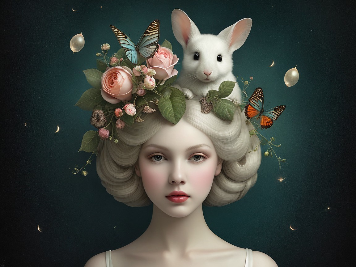 Serene woman with curly hair, flowers, and rabbit