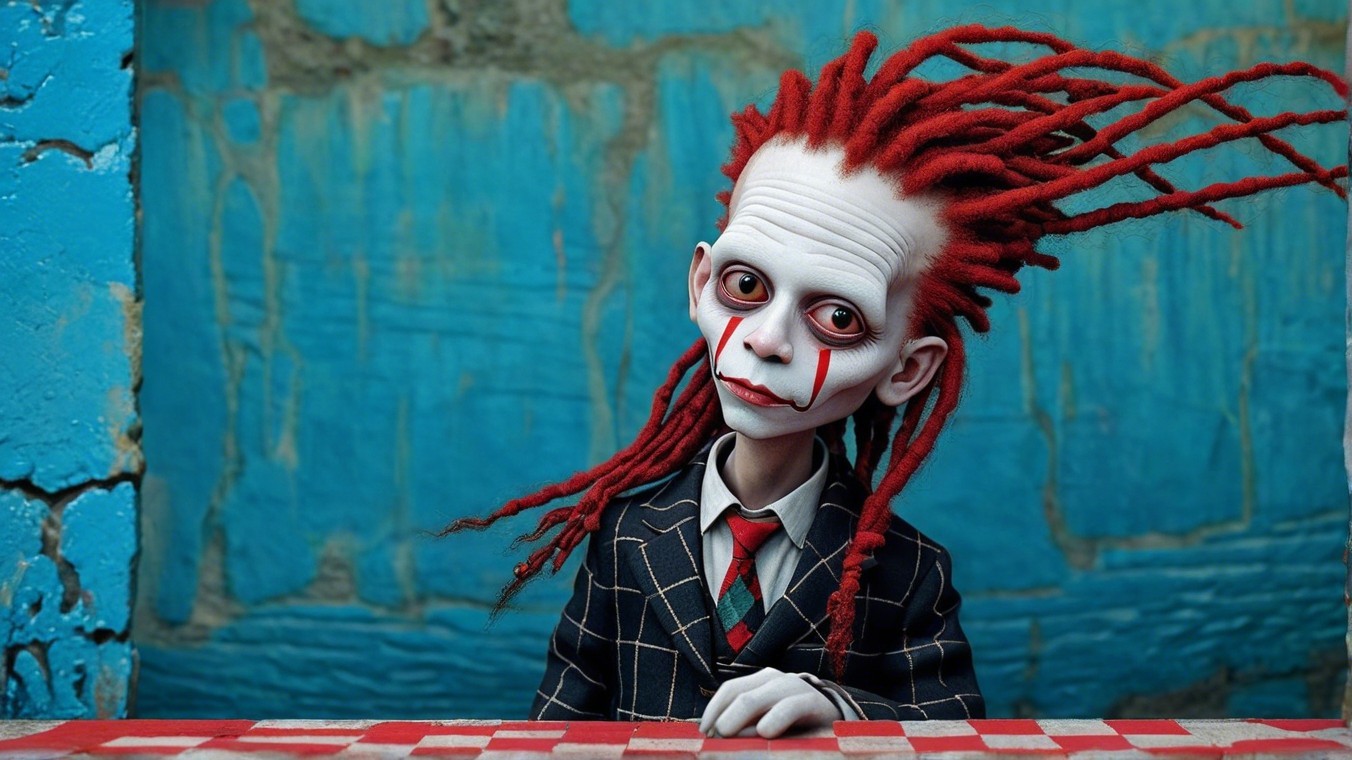 Quirky Doll with Red Hair and Black Suit Against Blue