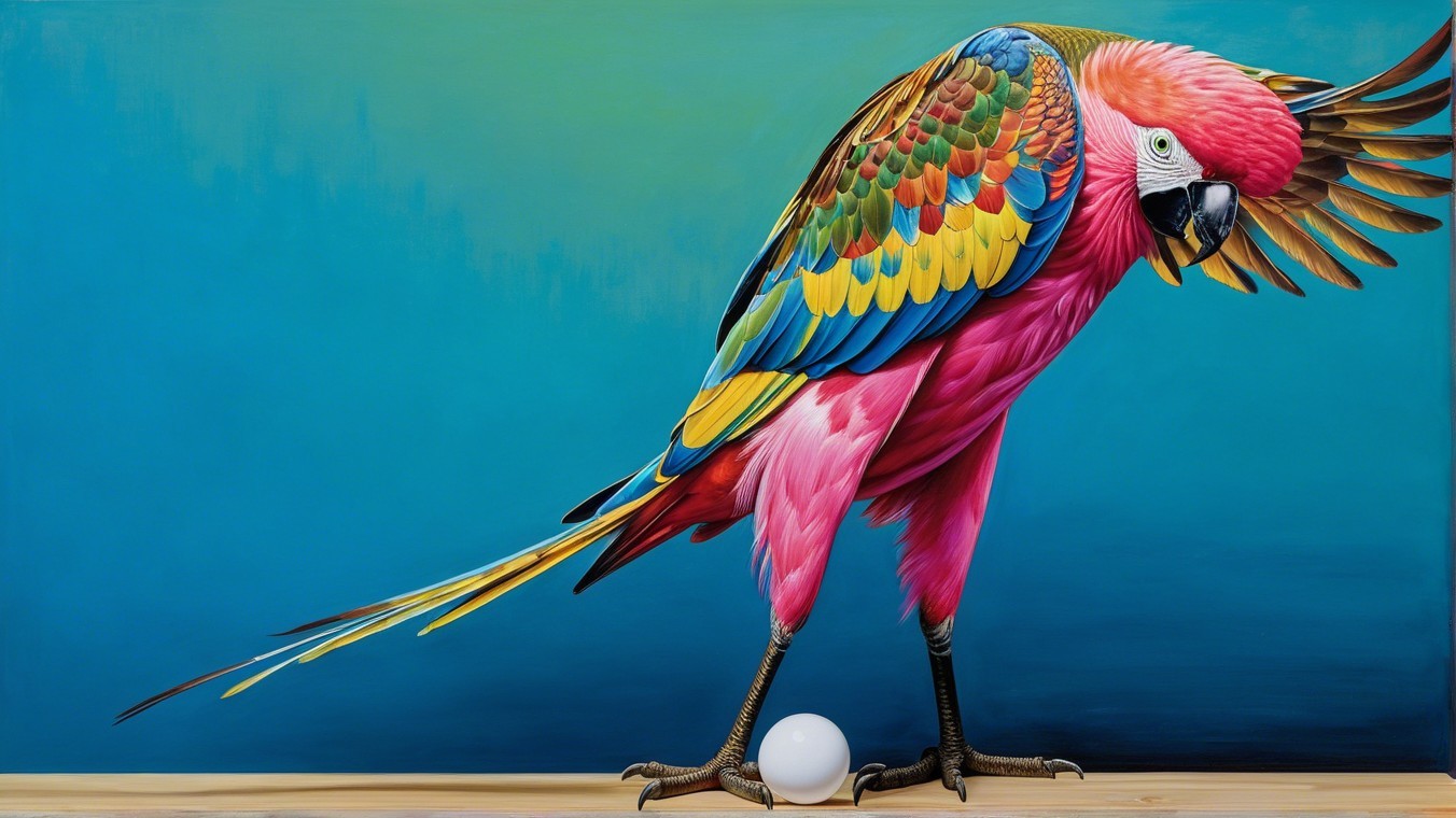 Colorful Parrot on Perch with White Egg and Gradient Background