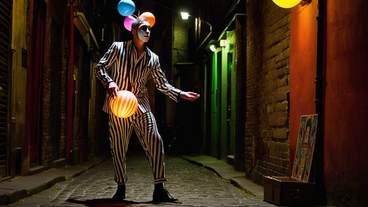 Clown in Striped Outfit with Balloons in Alleyway