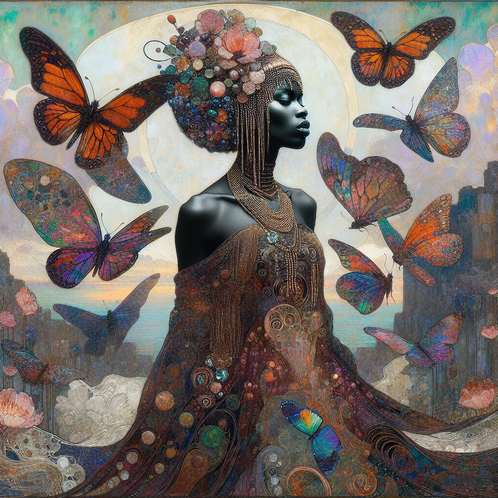 Profile of a graceful figure in a mystical landscape