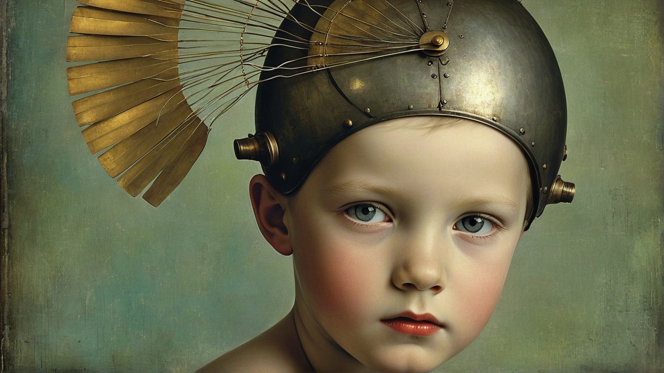 Child in Ancient Warrior Helmet with Pastel Background