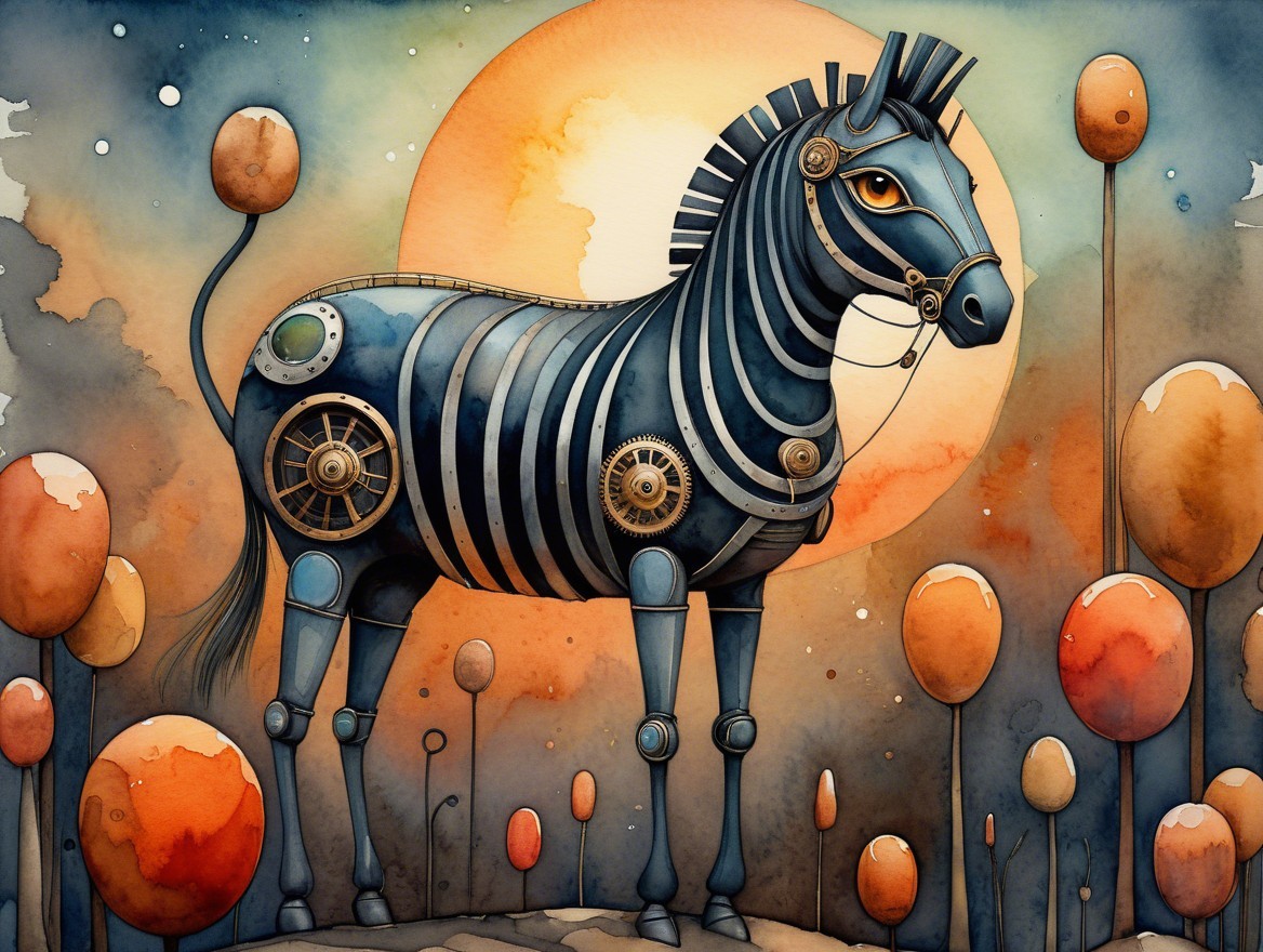 Steampunk Zebra Against Orange Sunlit Background