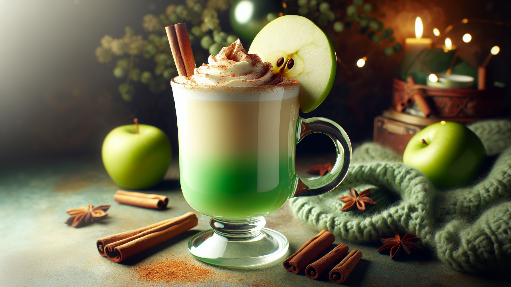 Layered Drink with Whipped Cream and Apple Garnish