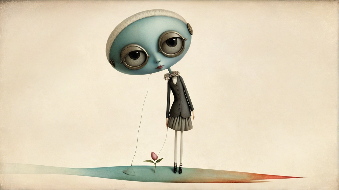 Whimsical Character with Blue Head on Soft Background